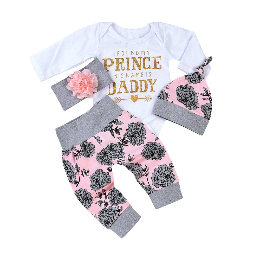 4pcs/set Newborn Baby Girls Clothes Letter Cotton Romper +Floral Pants+Hat +Headband Winter Girl Clo