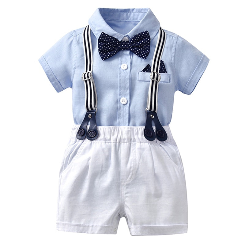 Solid Newborn Baby Boy Outfit Set Bow Formal Gentleman Suit for Toddlers Summer Sky Blue Romper + Wh