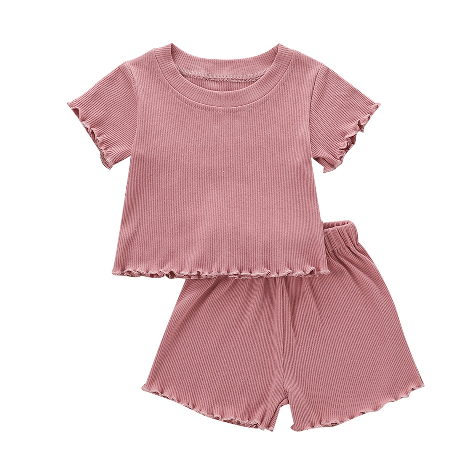 2Pcs Fashion New Toddler Summer Suit Solid Color Ribbed O-Neck Short Sleeves Tops+Elastic Waist Shor