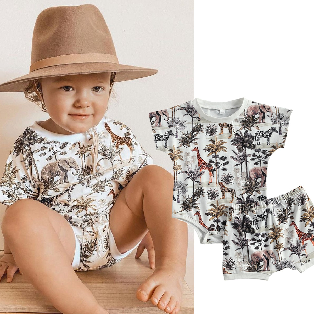 0-3Y Summer Toddler Baby Boys Clothes Sets Animal Print Short Sleeve Romper Tops Trousers Shorts 2pc