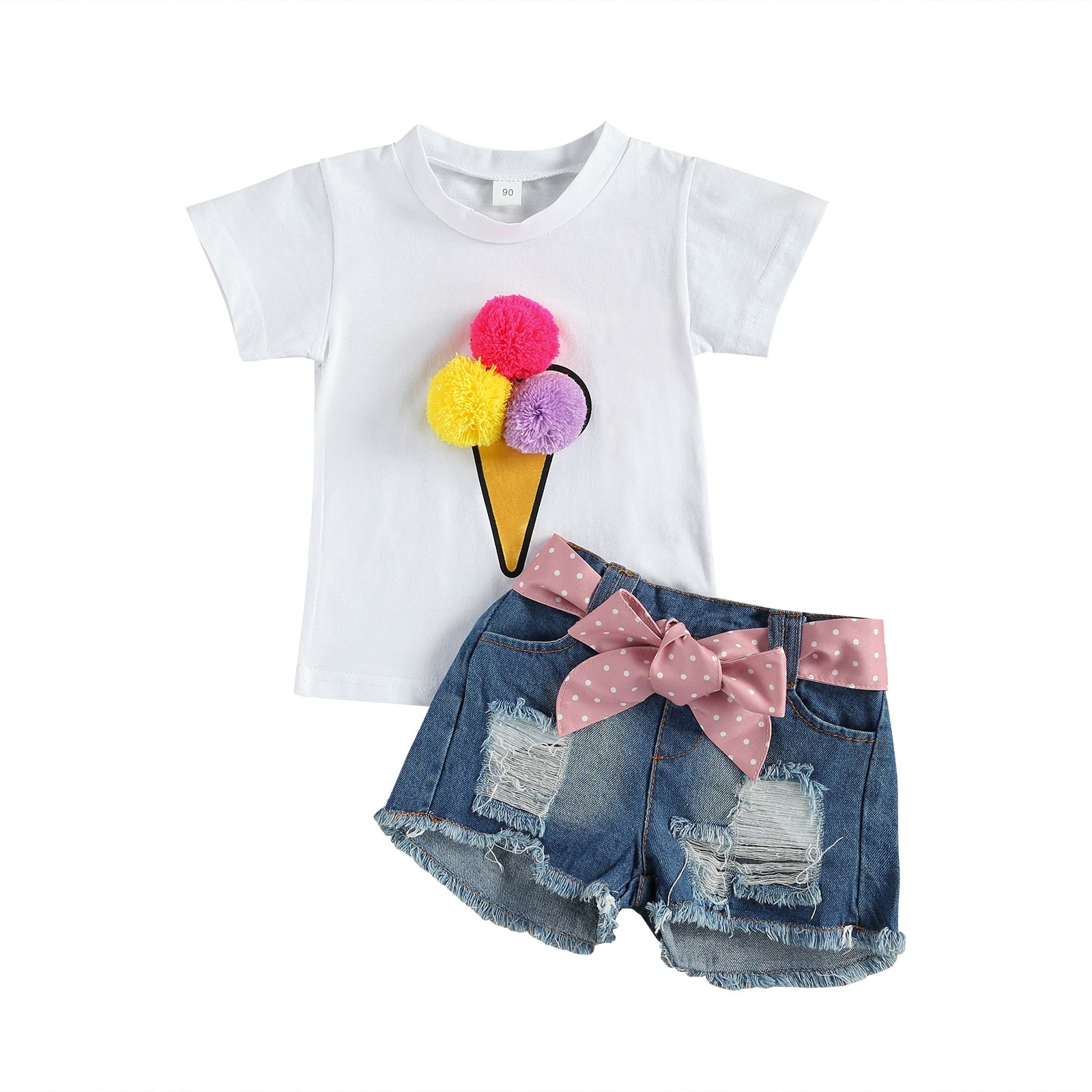 Kids Baby Girls Fashion 2-piece Outfit Set Short Sleeve Pompom Tops Shirt +Ribbed Denim Shorts Set 1