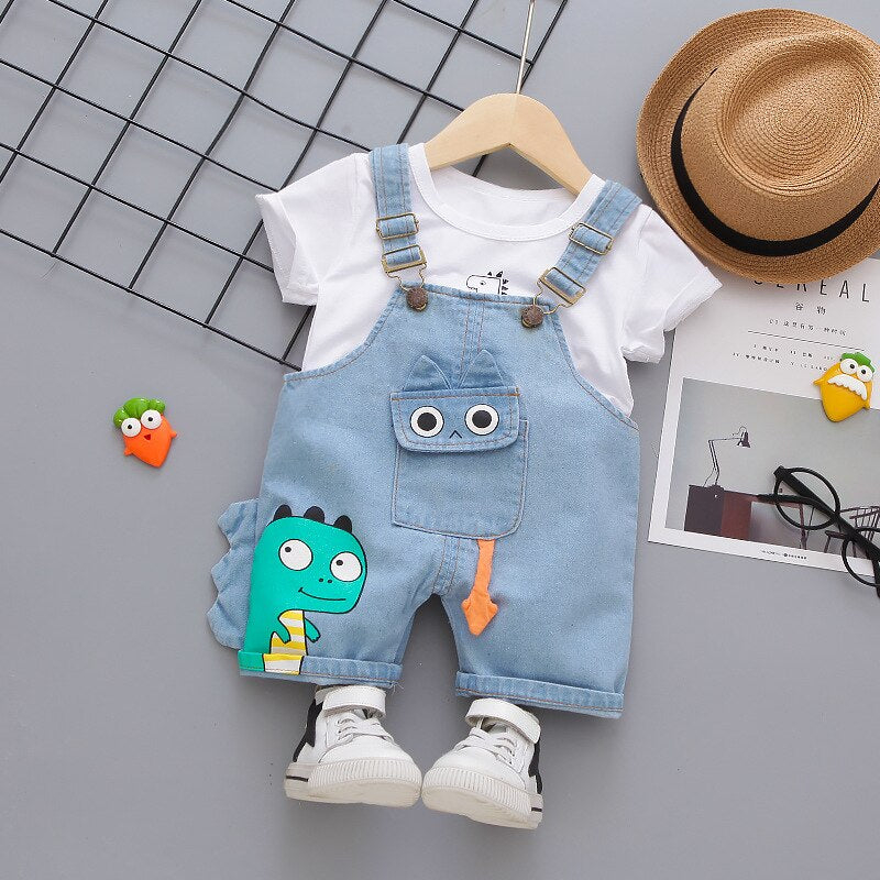 Denim Overalls Clothes Set for Baby Boys O-neck T-shirt Shorts 2 Pieces/Set New Short-sleeved Infant