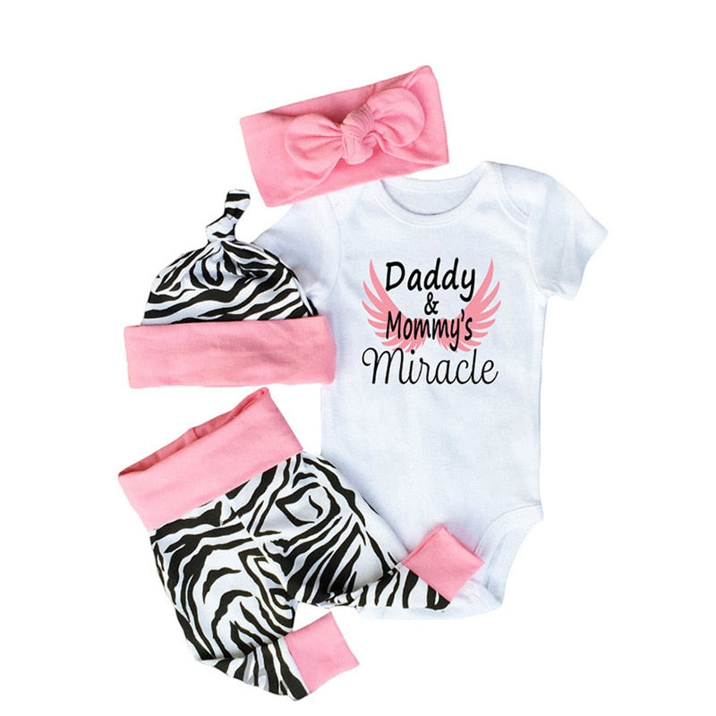 4PCS Sets Newborn Baby girls clothes Daddy &amp; Mommy&#39;s Miracle Bodysuit + Zebra Pants+