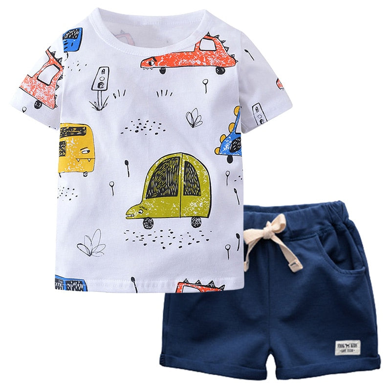 BINIDUCKLING Summer Toddler Boys Clothes Cotton Short Sleeve White Cartoon Car Print T-shirt 2PCS Fo