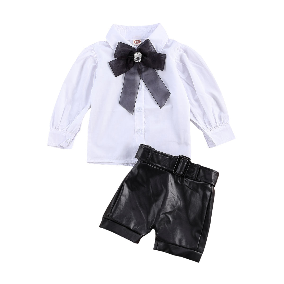 1-6Y Fashion Children Girls Clothing Sets Toddler Kids Girls Lace Bowtie Blouse Shirts Tops+PU Leath