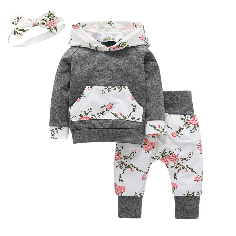 3Pcs Toddler Baby Girl Clothes Long Sleeve Flowers Kangaroo Pocket Hoodie Top and Pants Outfit with 