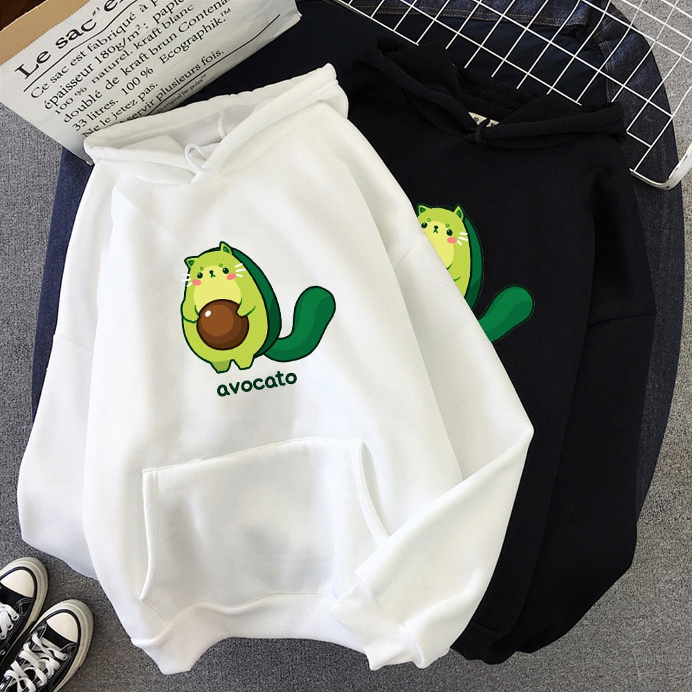 Winter Kawaii Cartoon Avocado Print Hoodies Women Pullover Warm Casual Oversize Hoodie Sweatshirt Ko