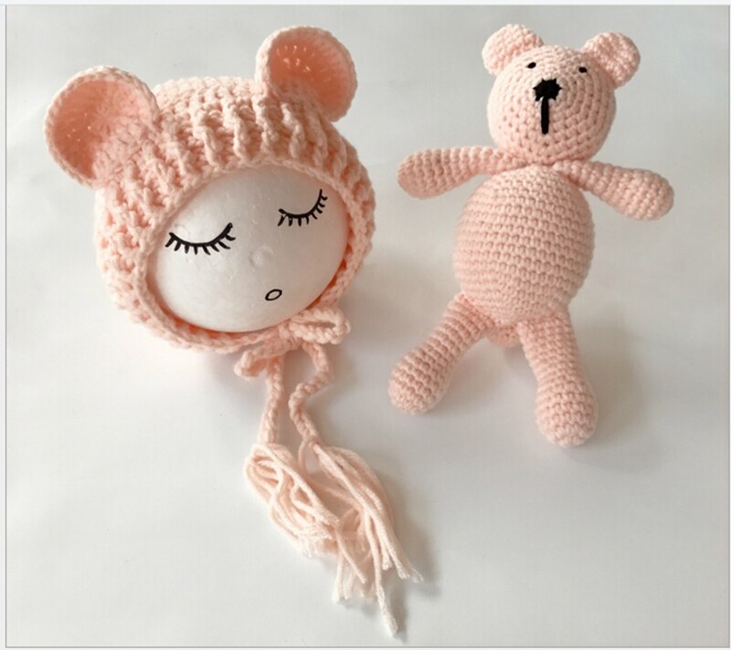 New Cute Newborn Baby Knit Crochet Bear Hat+Bear Toy Photography Props Costume Girls Boys Warm Cap T