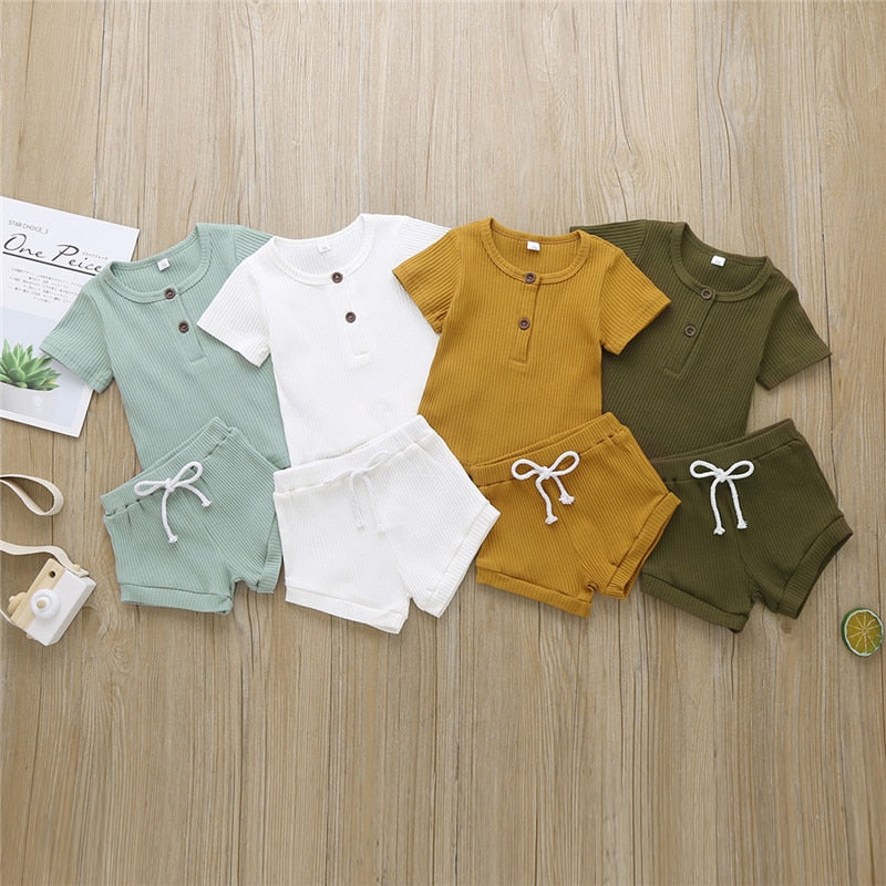 Cotton Casual Summer Newborn Baby Boys Girls Outfits Suit Ribbed Knitted Short Sleeve T-shirts Tops+