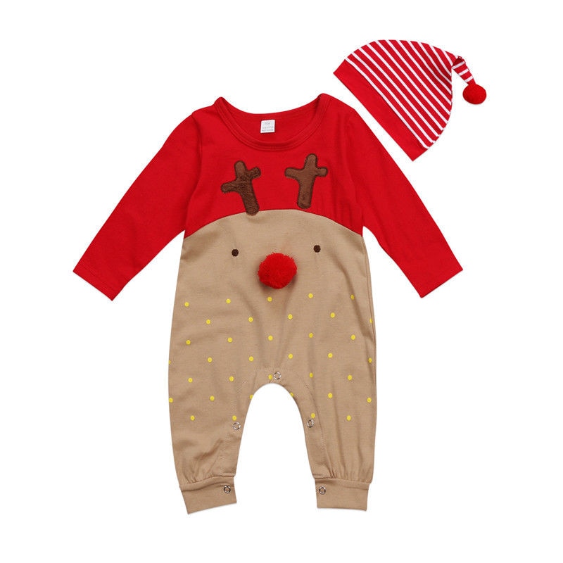 2Pcs Newborn Baby Boys Girl Christmas Rompers Long Sleeve Deer Romper Jumpsuit Hat Sleepwear Party C