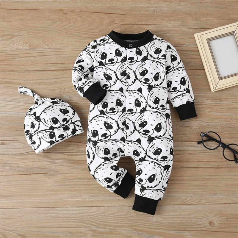 Newborn 2Pcs Baby Boys Rompers Cartoon Panda Pattern Long Sleeve Jumpsuit and Hat Infant  Boy Clothi