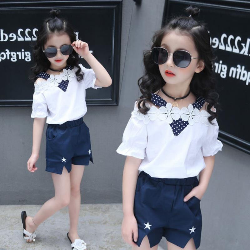 Girls Summer Sets 7 9y Short-sleeved Casual Tracksuit Shorts Patchwork 2 Piece Set Summer Suits for 