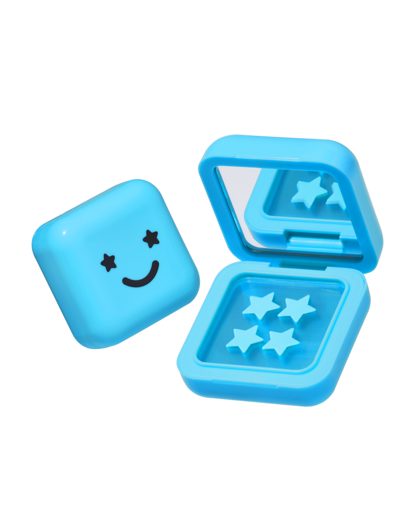 Blue compact case with a mirror and black smiley face holding Hydro-Star® + Salicylic Acid blue star-shaped pimple patches.