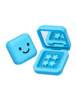 Blue compact case with a mirror and black smiley face holding Hydro-Star® + Salicylic Acid blue star-shaped pimple patches.