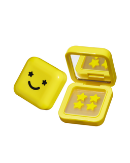 Big Yellow compact case with black smiley face has a mirror and Hydro-Star® hydrocolloid pimple patches inside.