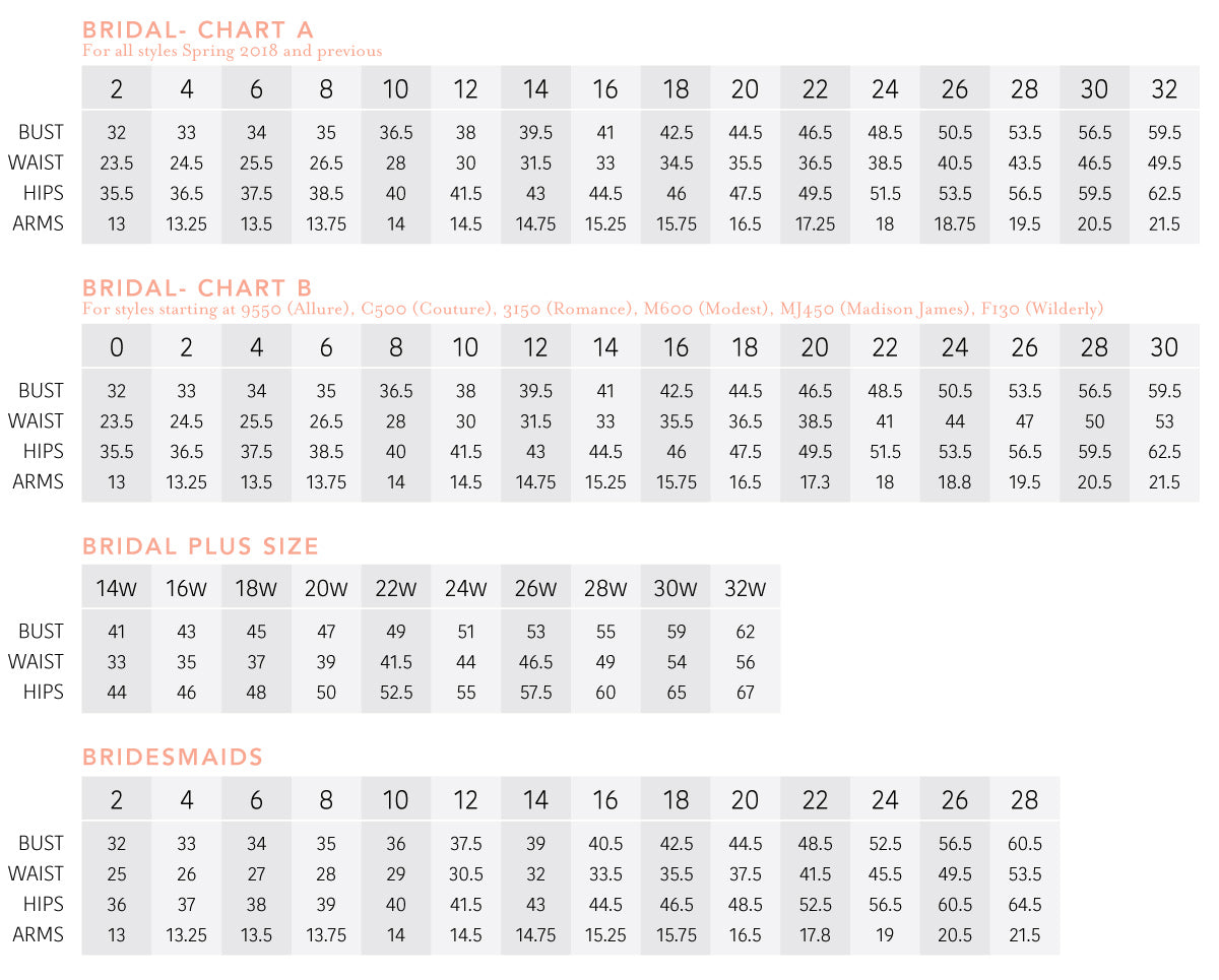 wedding gown sizing chart