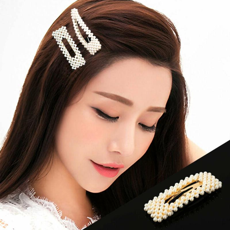 Women's Girls Pearl Hair Clip 2n1Hairpin Slides Grips Barrette Clips A