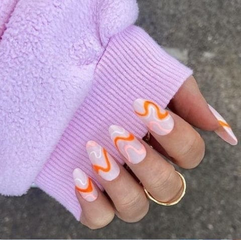 Orange neon swirl nails design with Bluesky Gel Polish - Orange Sorbet (Neon04), Creamy Pink (A106), Romantique (80504) & Studio White (80526)