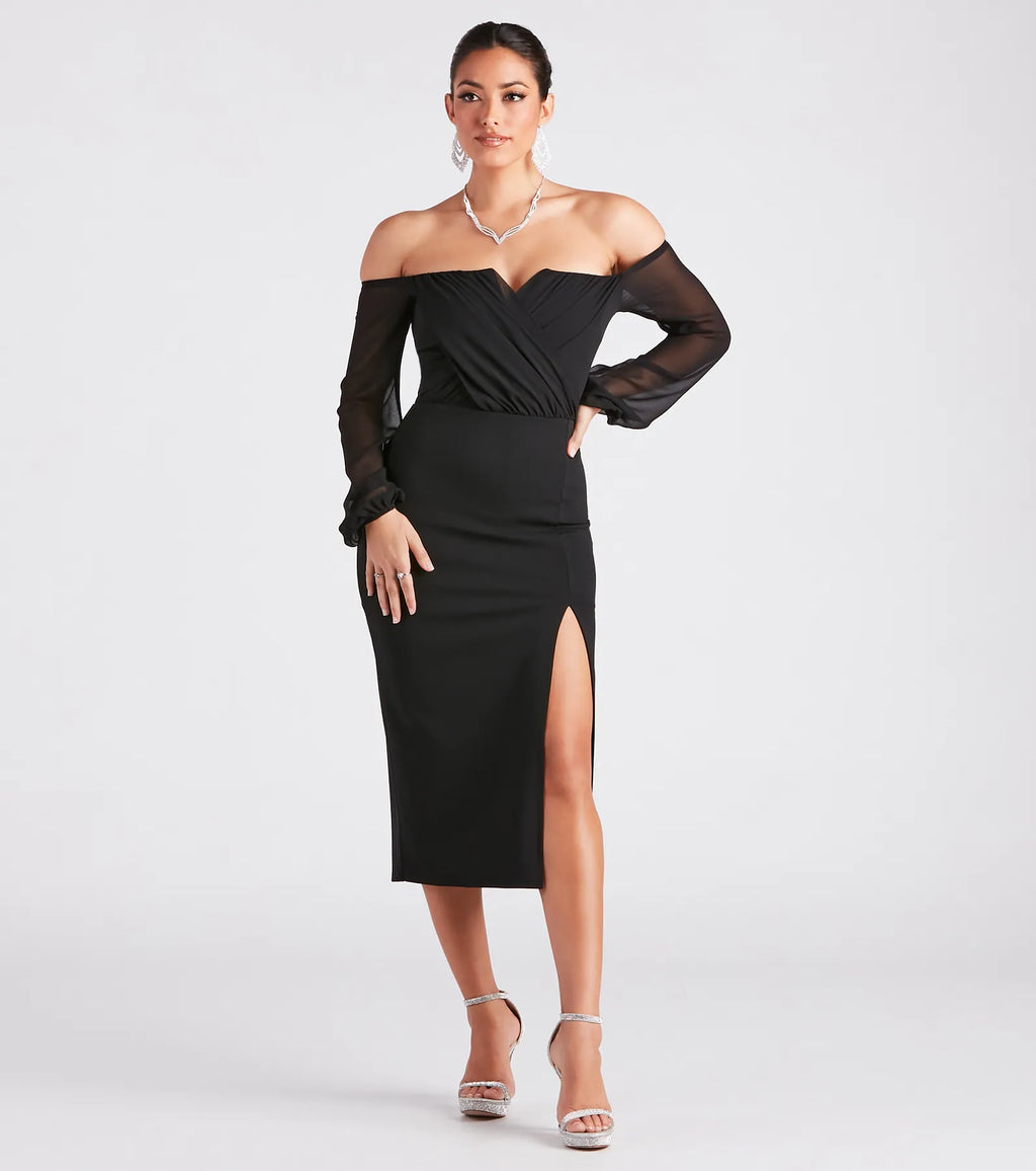 Jolene Off-The-Shoulder Chiffon Formal Dress Black White