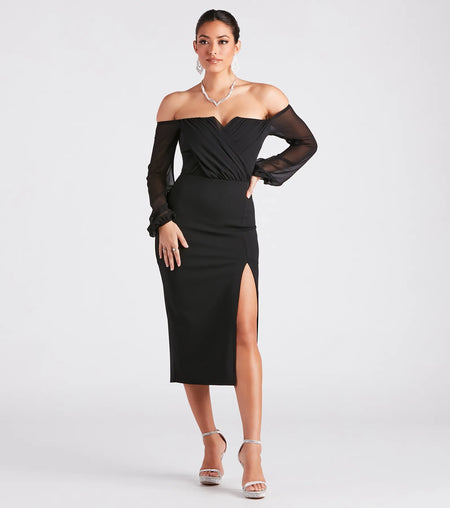 Jolene Off-The-Shoulder Chiffon Formal Dress Black White