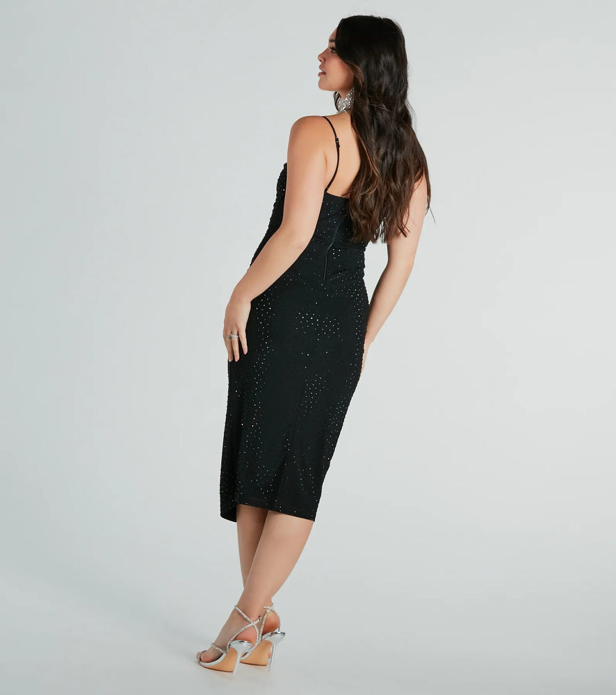 Jesenia Formal Rhinestone Mesh Midi Dress in Black