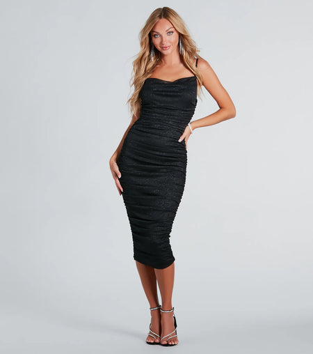 Ashlee Formal Sequin Cowl Neck Midi Dress Black Red