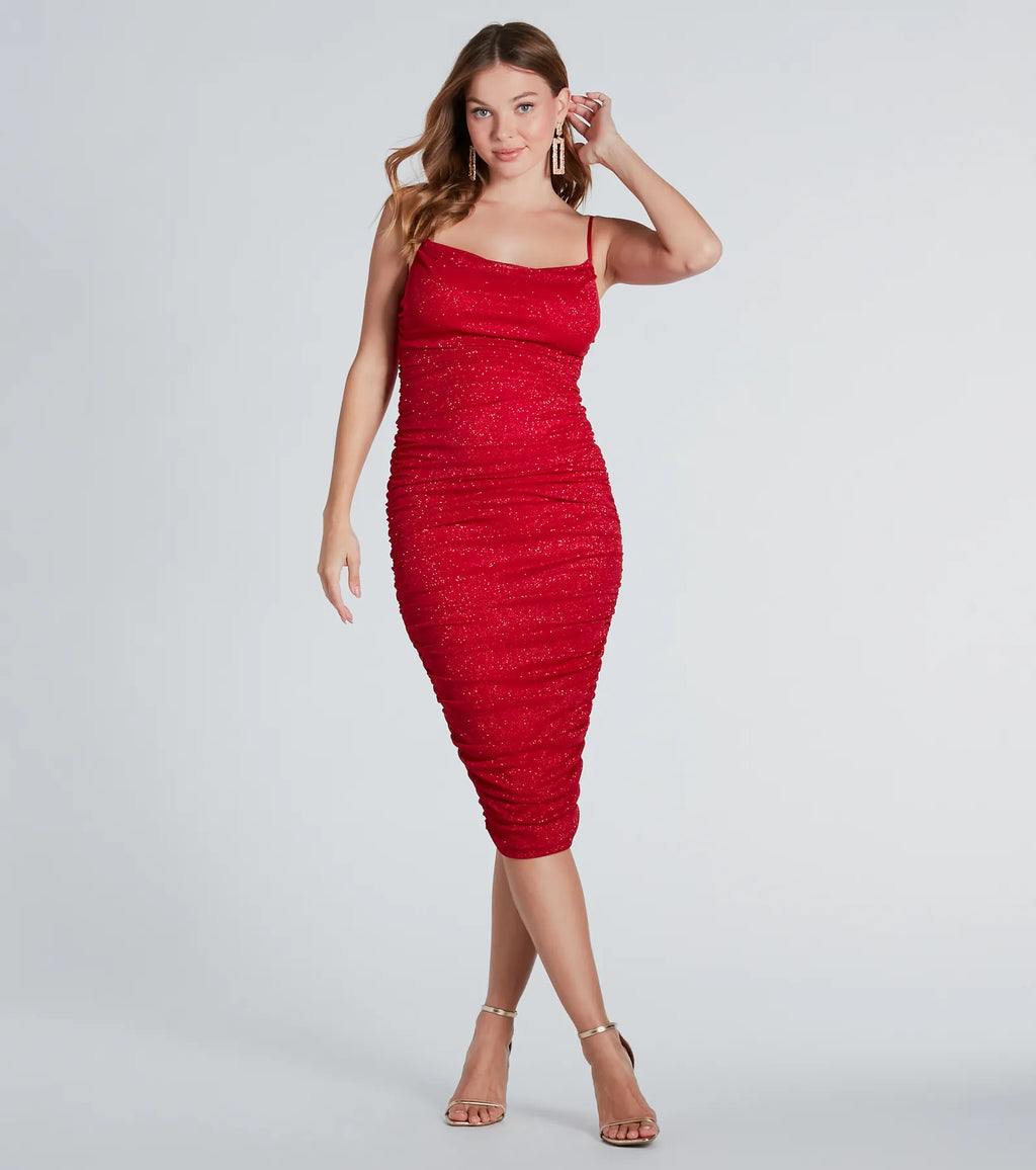 Ashlee Formal Sequin Cowl Neck Midi Dress Black Red