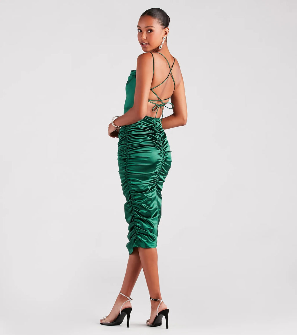 Ivette satin lace-up formal midi dress Gold Brown Burgundy Hunter Red