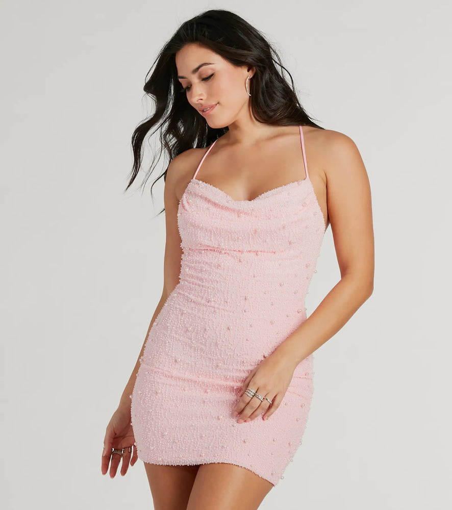 Windsor Keira Faux Pearl Strappy Open-Back Mini Dress in Pink