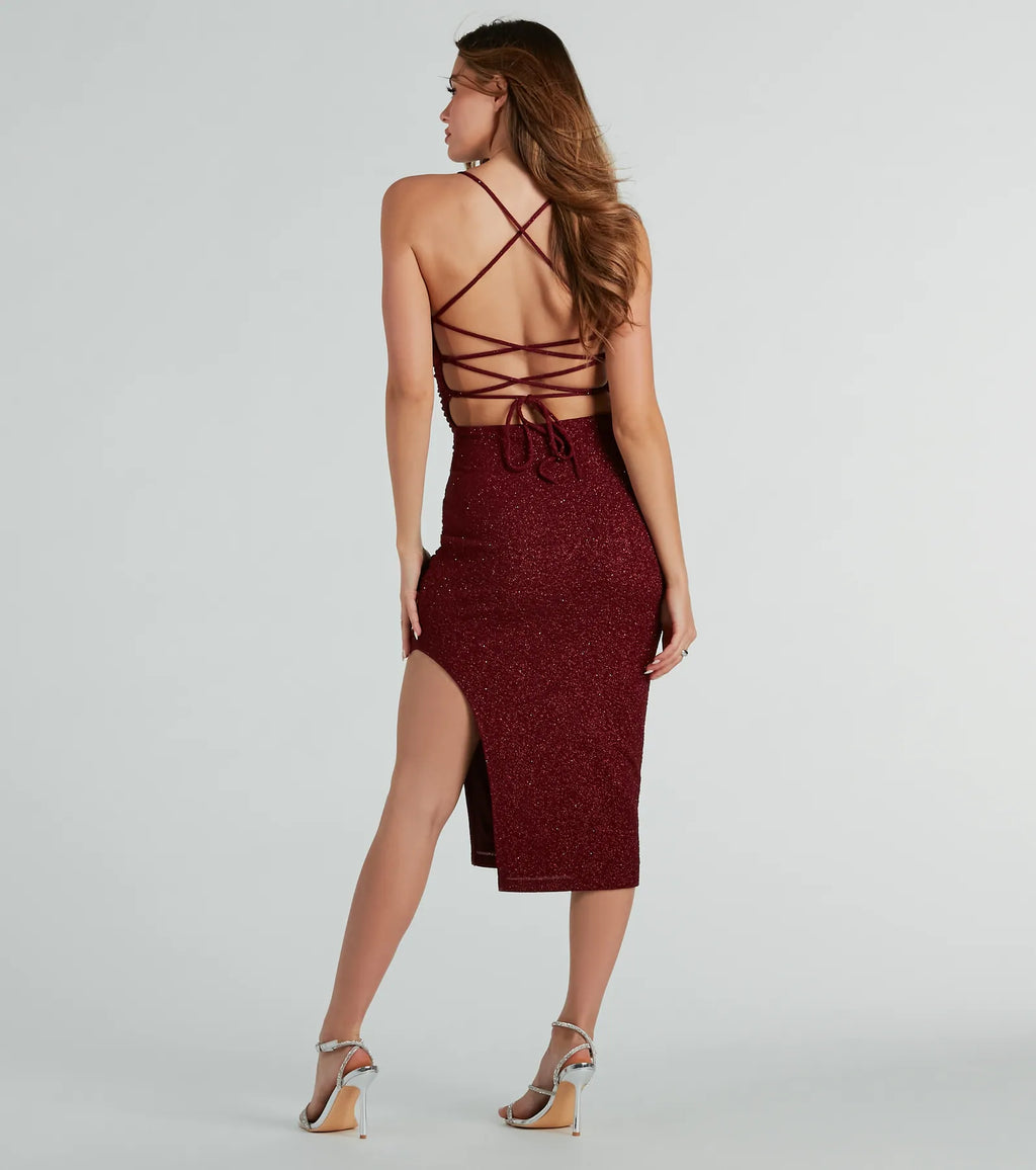 Adley Sequin Lace-up Formal Midi Dress Burgundy Navy