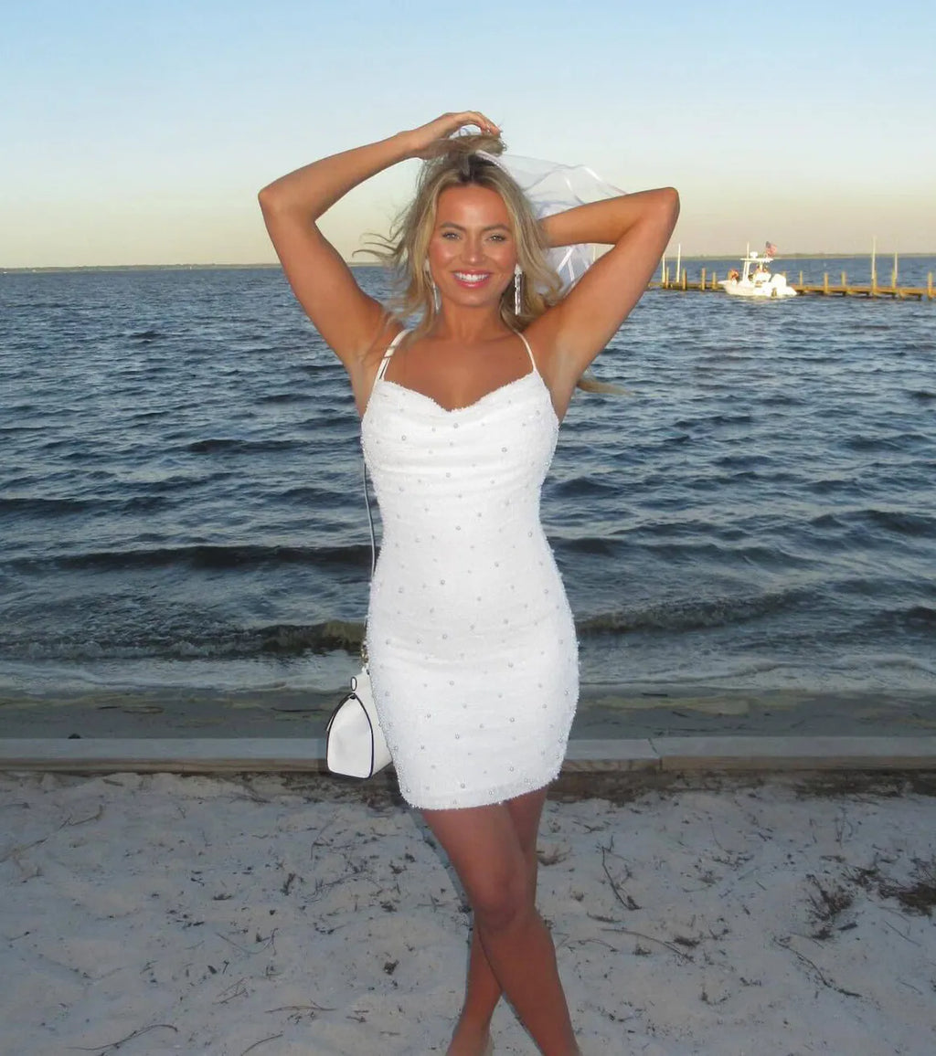 Keira Strappy Halter Mini Dress with Faux Pearls Pink White Ivory Light Blue Light Blue-2 Sage Black