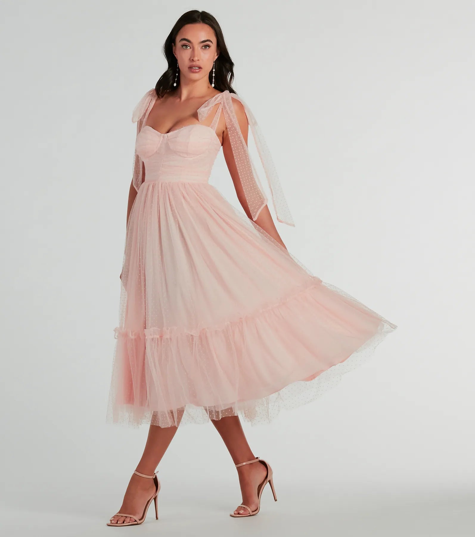 A-line Tulle Dots Print Sweetheart Back Zipper Ruched Bridesmaid Dress/Midi Dress With a Bow(s) and Ruffles