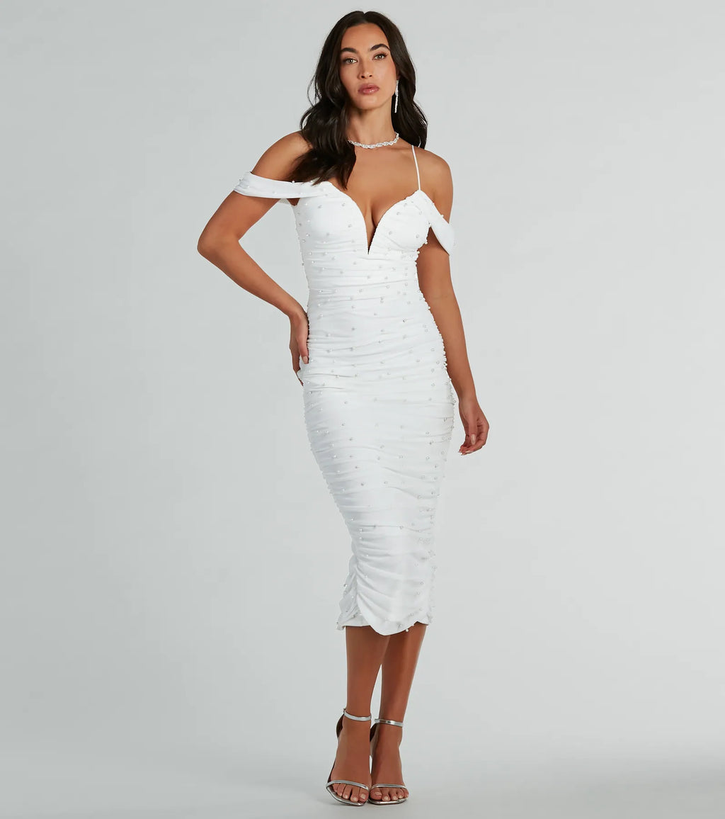Anika Off-The-Shoulder Beaded Mesh Formal Midi Dress Lavender White