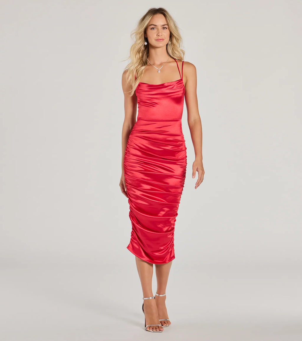 Ivette satin lace-up formal midi dress Gold Brown Burgundy Hunter Red