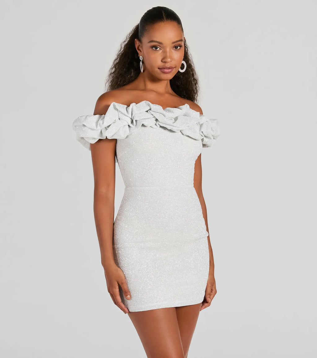 Ember off-the-shoulder sequined ruffle gown White Ivory Red Bronze Navy