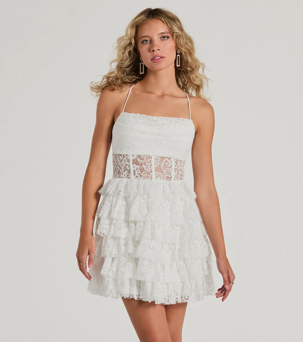 Rochelle Ruffled Sheer Lace Formal Mini Dress White