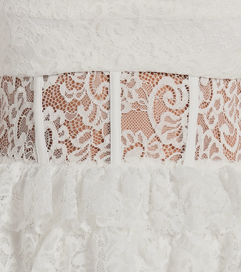 Rochelle Ruffled Sheer Lace Formal Mini Dress White