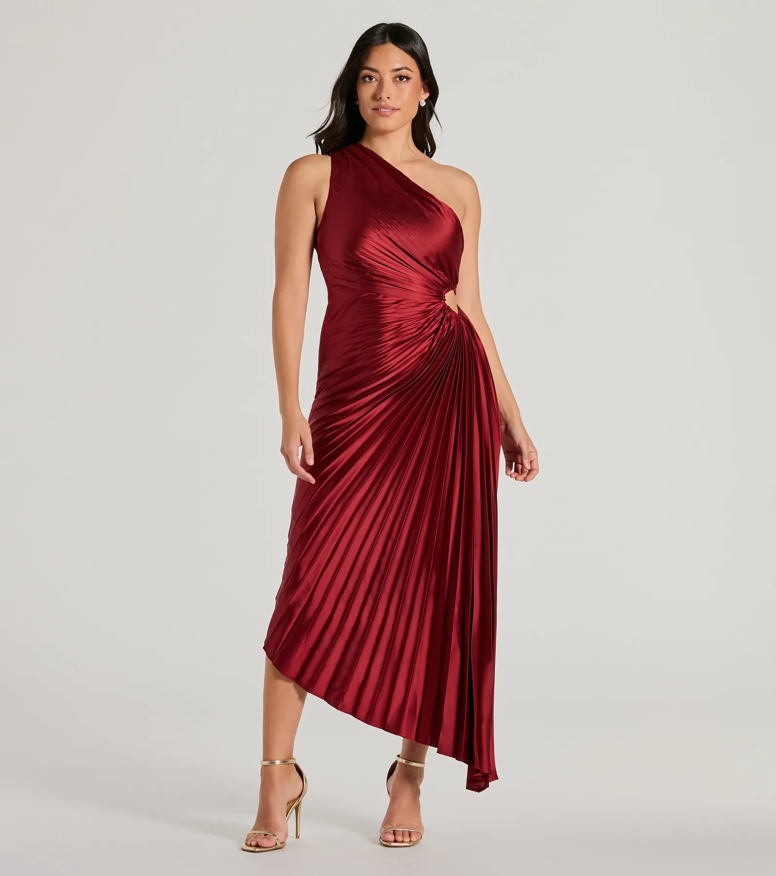 A-line Satin One Shoulder Pleated Cutout Hidden Side Zipper Bridesmaid Dress/Midi Dress