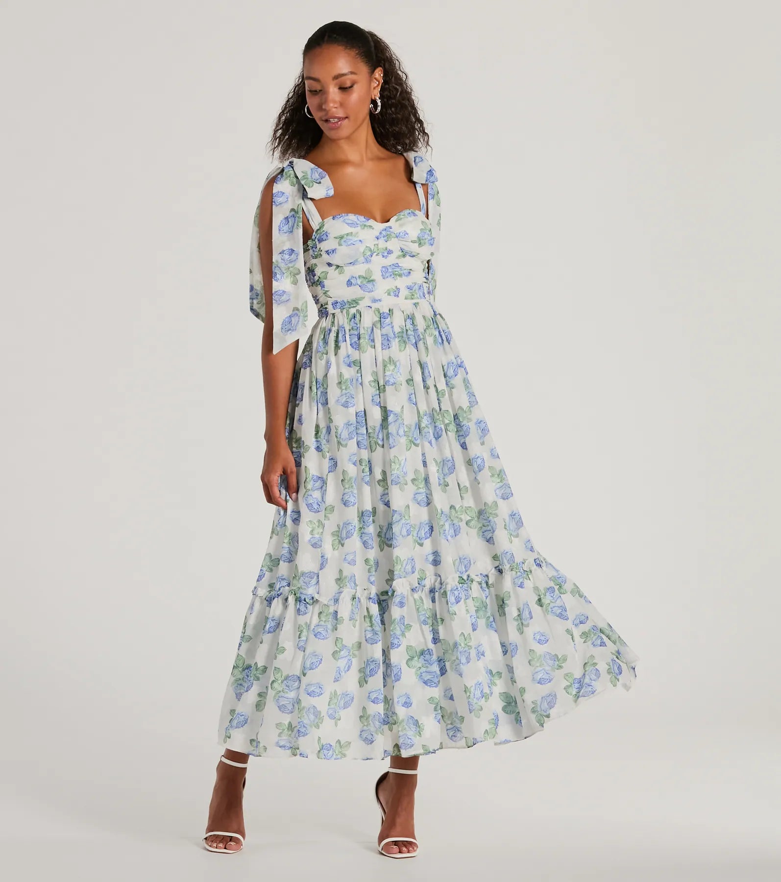 A-line Sweetheart Floral Print Ruched Back Zipper Stretchy Tulle Trim Midi Dress With Ruffles