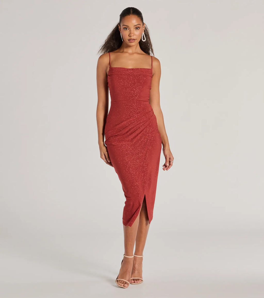 Joelle Formal Glitter Knit Wrap Midi Dress Denim Copper Rust