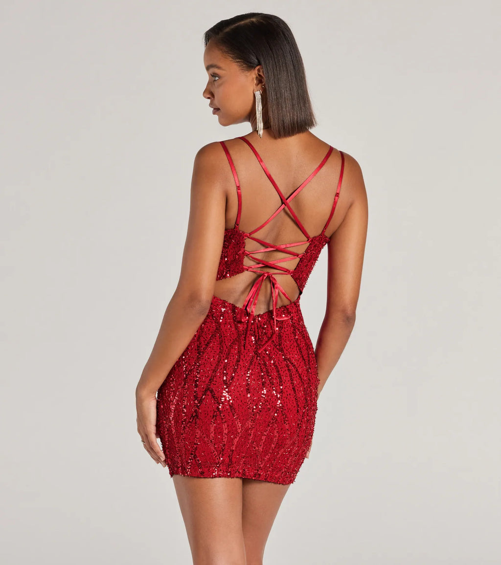 Hartley lace-up sequinned mesh bodycon mini dress Red Black