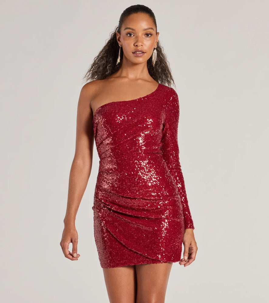 Sandra Sequin One-Shoulder Mini Dress in Red