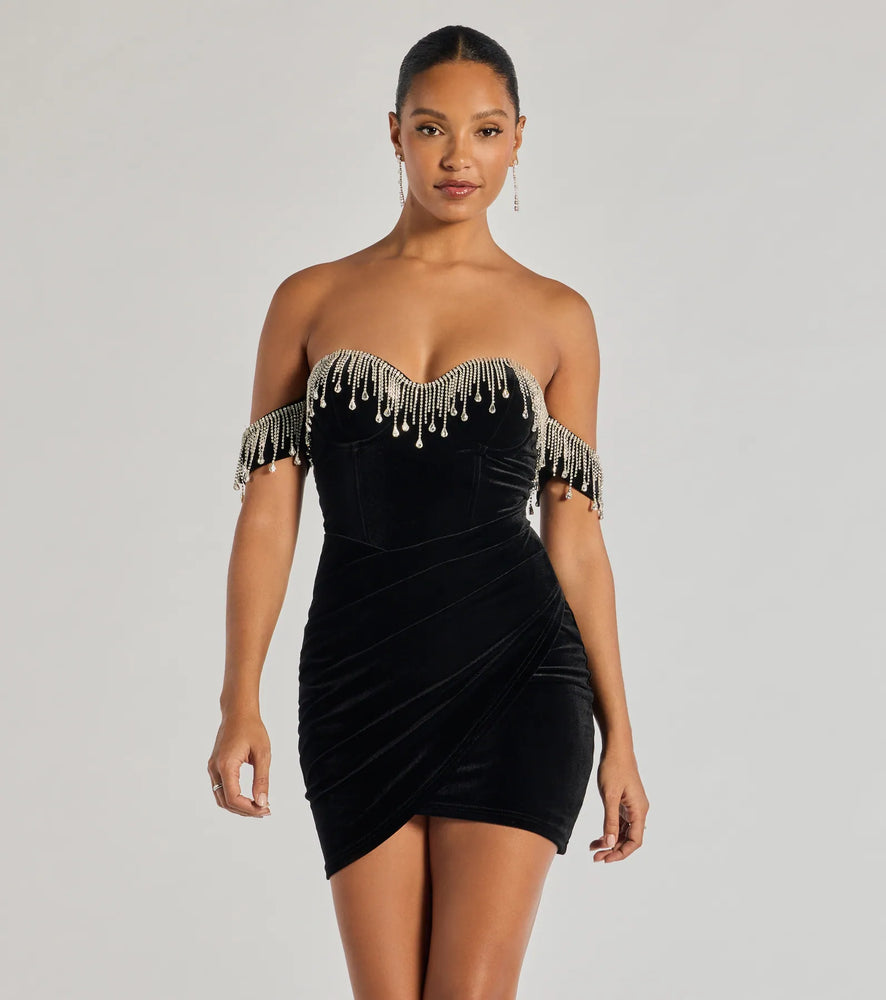 Janie Strapless Rhinestone Fringe Velvet Mini Dress in Black
