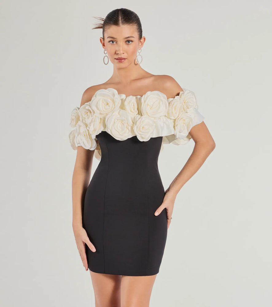 Nancy Off The Shoulder Floral Mini Dress in Black