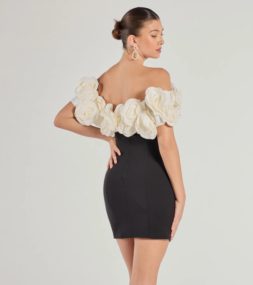 Nancy Off The Shoulder Floral Mini Dress in Black