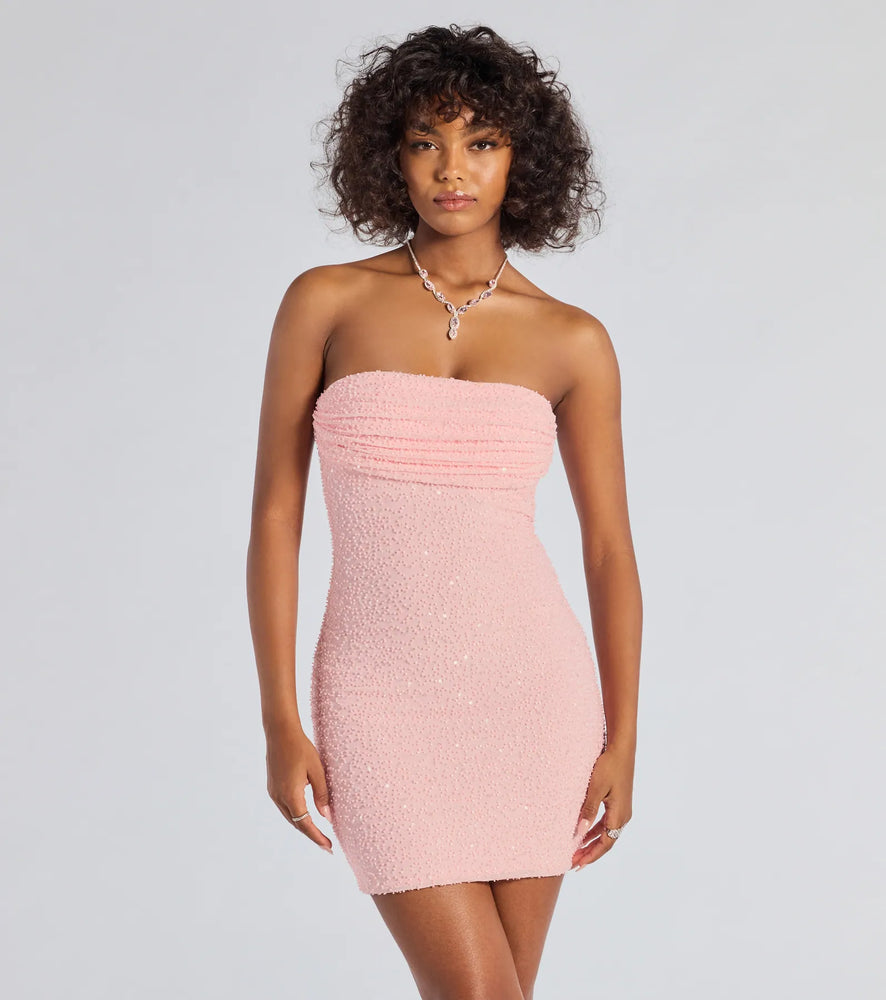 Lena Strapless Bodycon Beaded Mesh Mini Dress in Pink