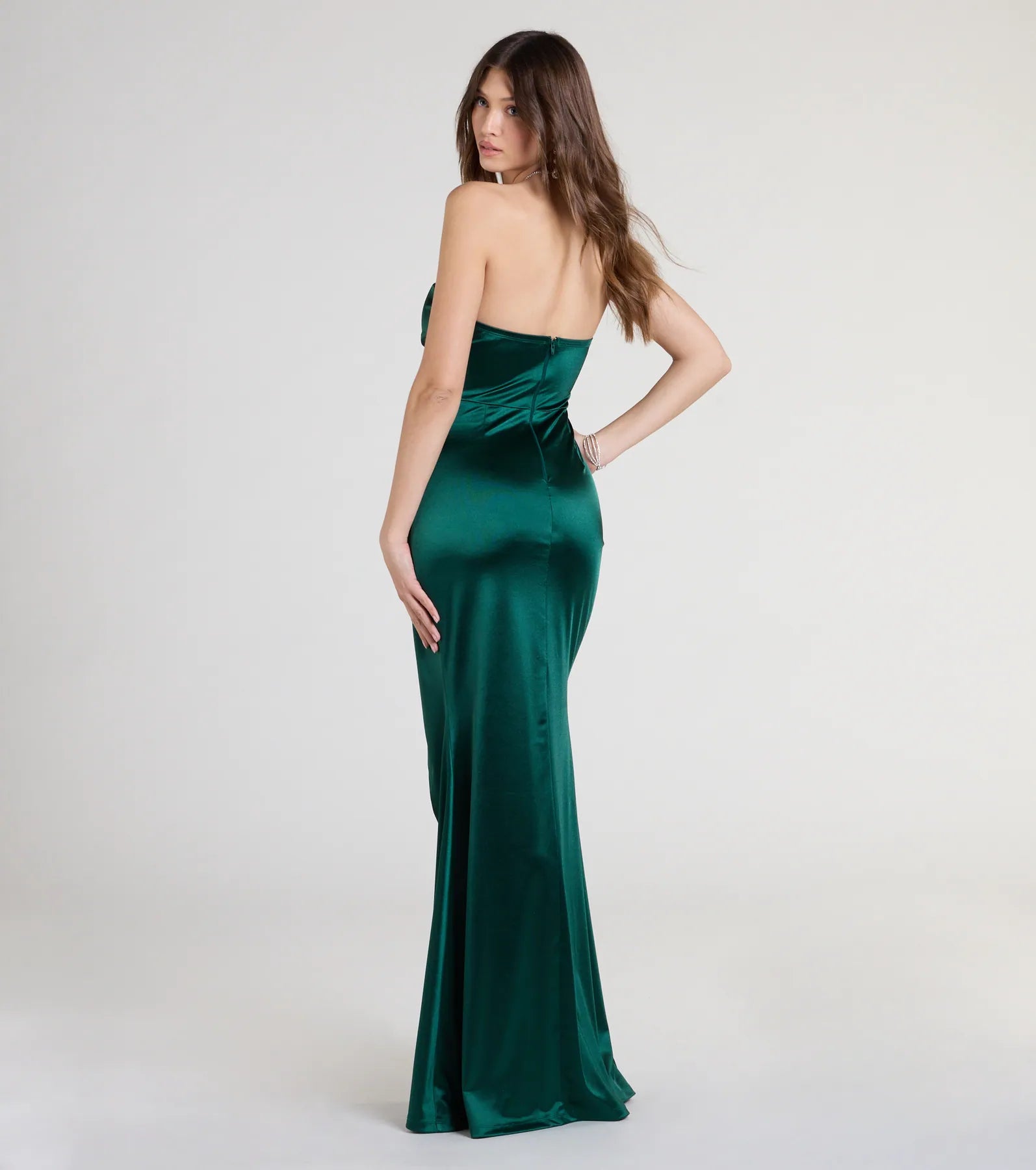 Windsor Olive Strapless Slit Mermaid Satin Formal Dress in Hunter-2