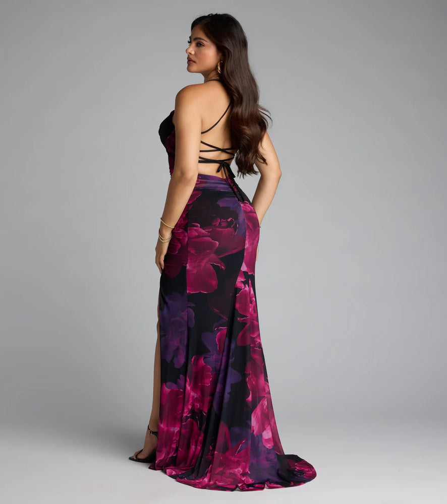 Windsor Tania Floral Lace-Up Slit Formal Dress in Purple