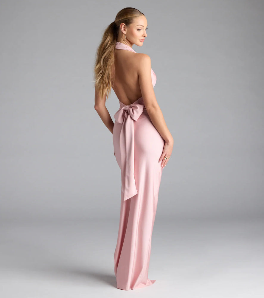 Darla Halter Open Back Bow Slit Formal Dress in Pink
