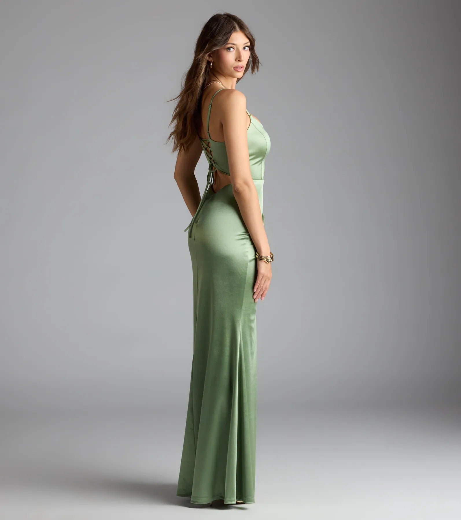 Windsor Alaine Lace-Up Slit Mermaid Satin Formal Dress in Sage